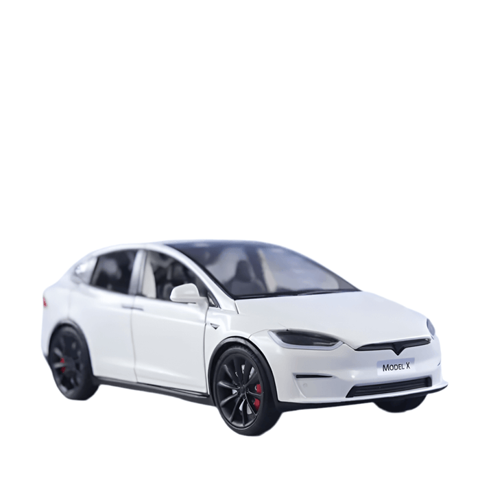 Tesla Model X 1/24 scale model car in white with black wheels, showcasing realistic design and accessible features.